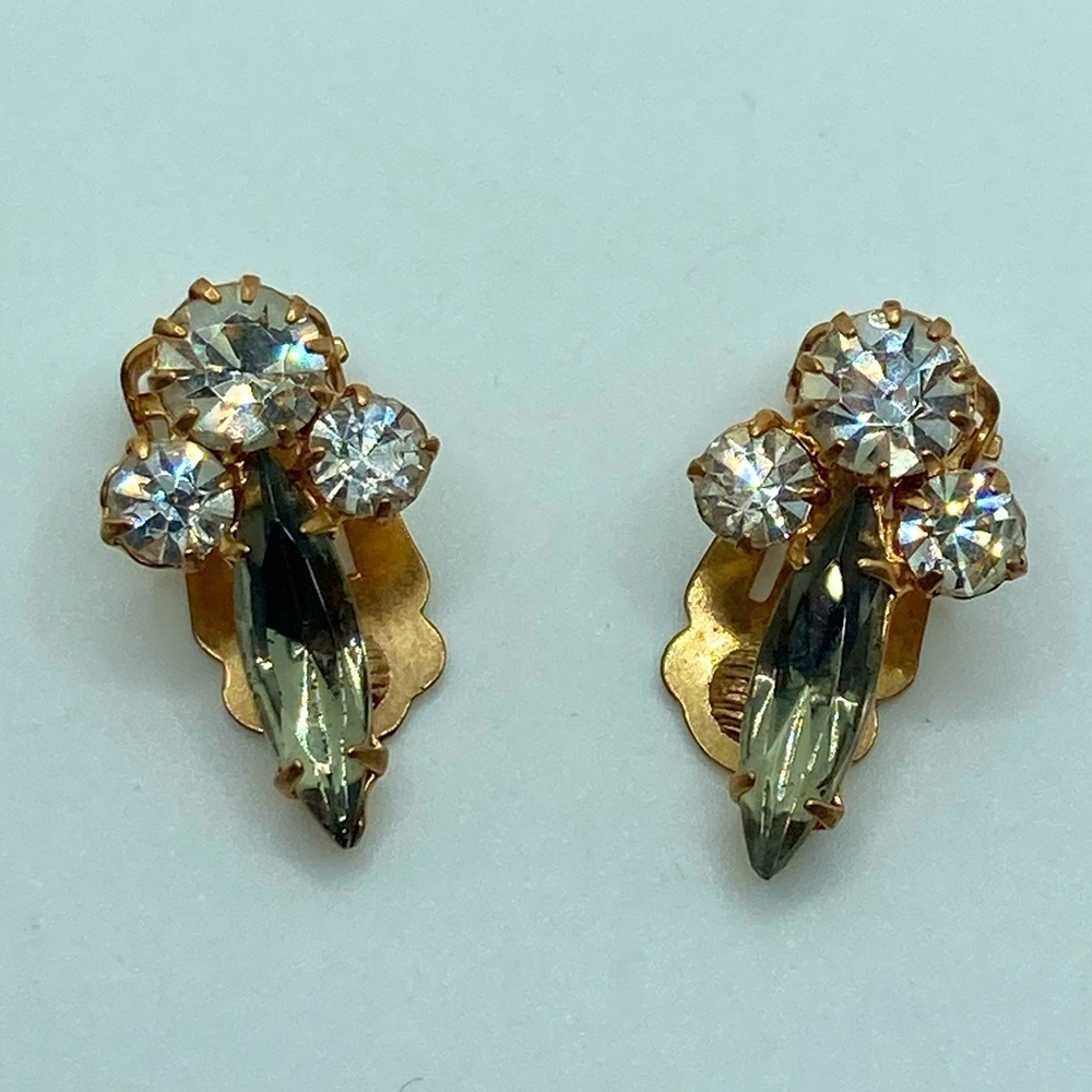 Vtg Rose Gold Tone White Round & Grey Navette Crystal Clip on Earrings .9”